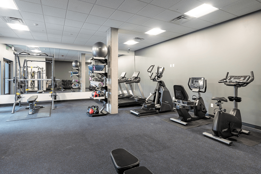a large fitness room with treadmills and other exercise equipment