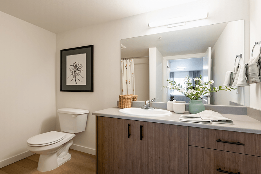a bathroom with a toilet sink and mirror