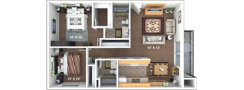 A floor plan of a small apartment with a living room, kitchen, and two bedrooms.