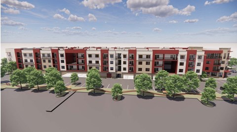 A 3D rendered image of a row of red and white buildings with trees in front.
