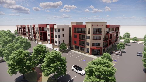 A rendering of a modern apartment complex with a parking lot in front.