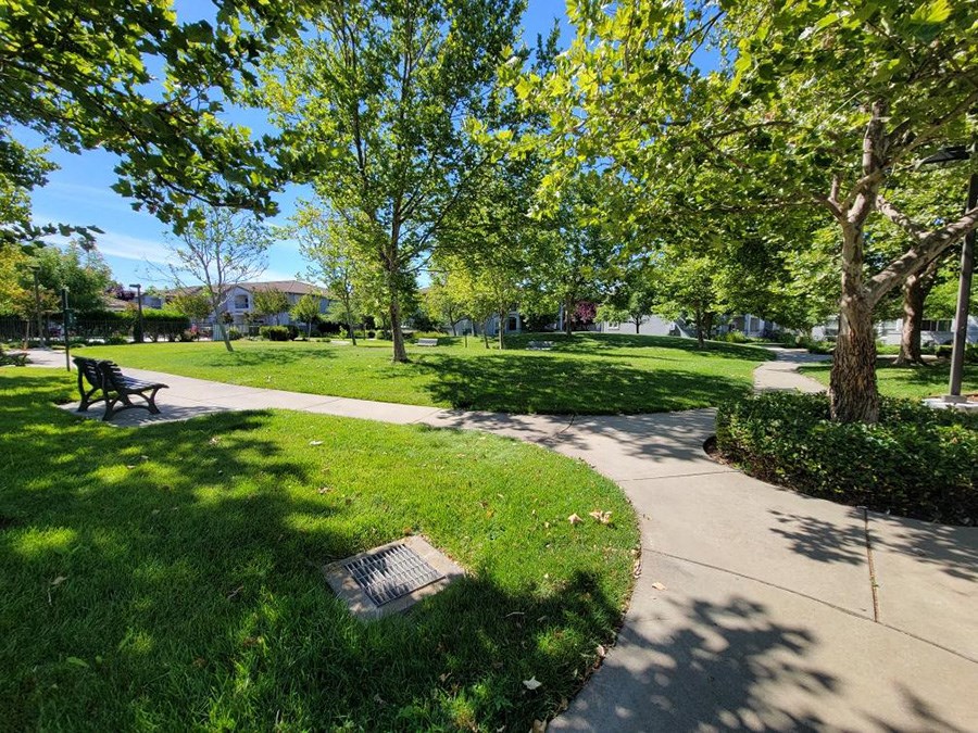 Nicely landscaped grounds with bench seating