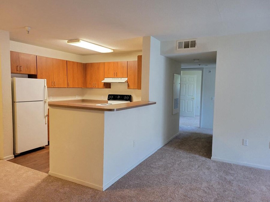 Full size kitchen overlooking living area