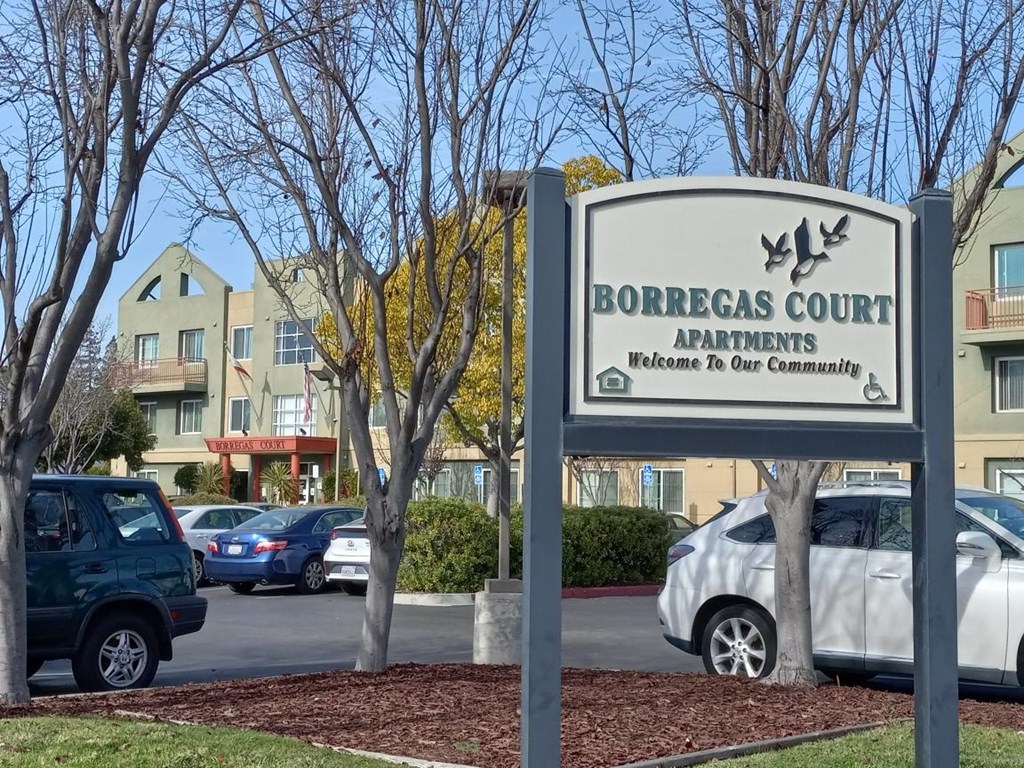 Community exterior with signage at Borregas Court Apartments, Sunnyvale, CA, California, 94089