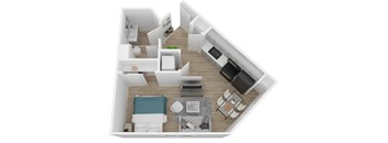 A top-down view of a modern apartment layout.