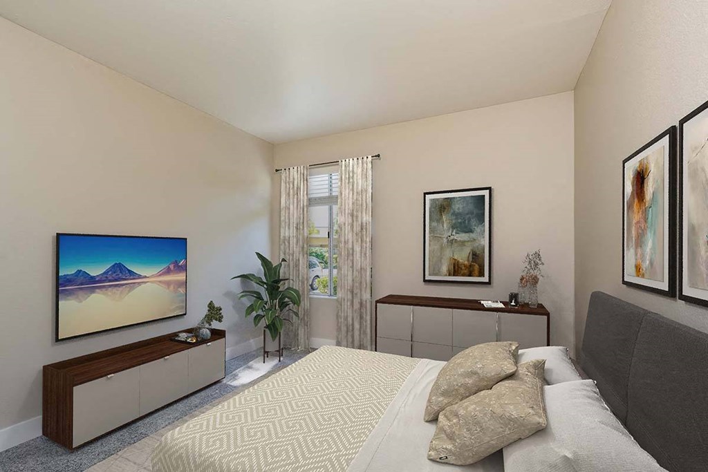 One-Bedroom Apartments in San Leandro, CA - Gateway Apartments - Bedroom with Neutral Bedding, Wooden Dresser, and Matching Media Consule