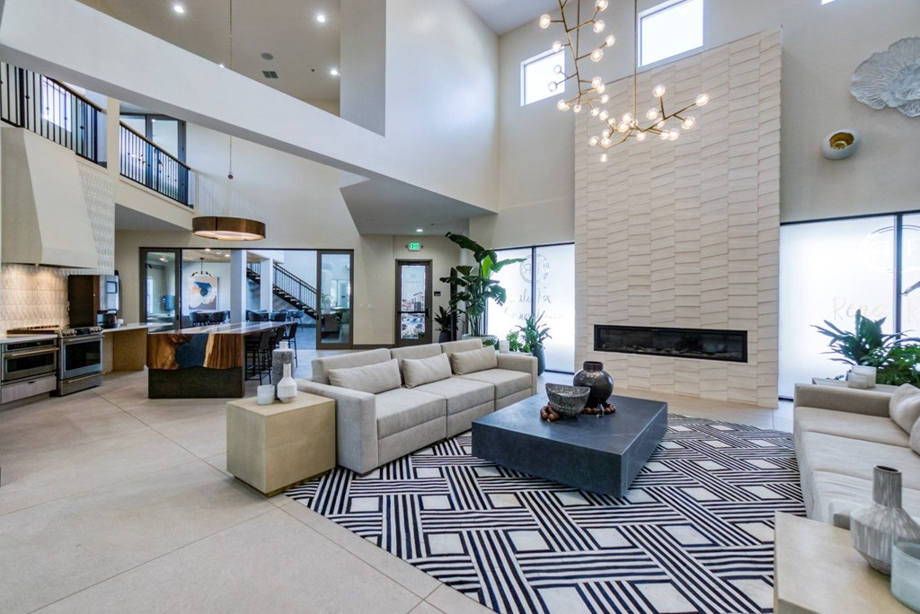 Double R two level resident lounge with fireplace