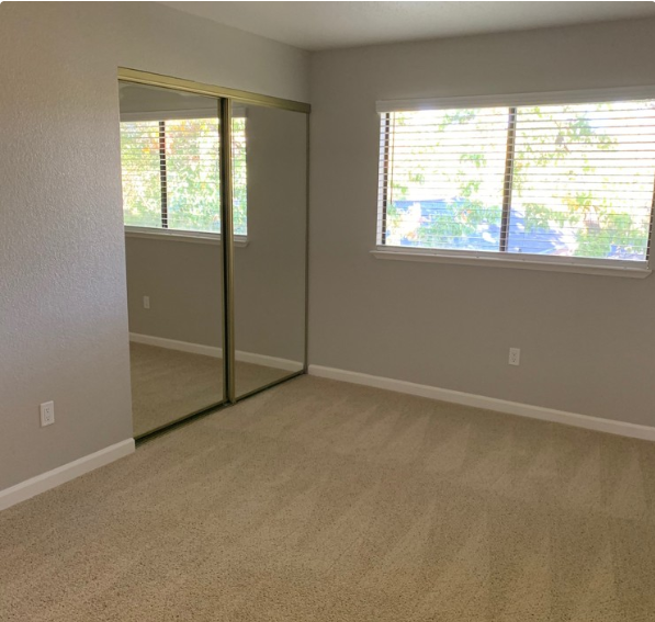 Bedroom with carpet and window
