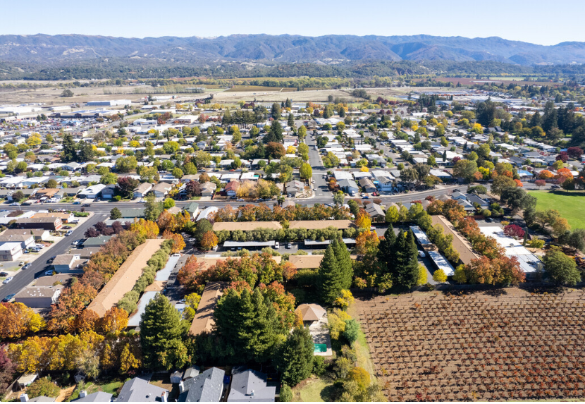 Ariel view of community and city skyline