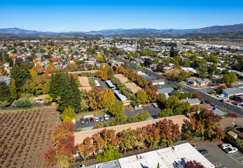 Ariel view of community and city skyline