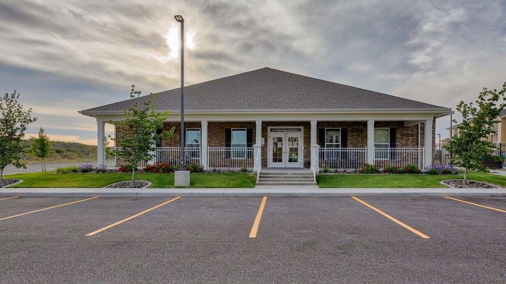 Office building exterior view with parking  