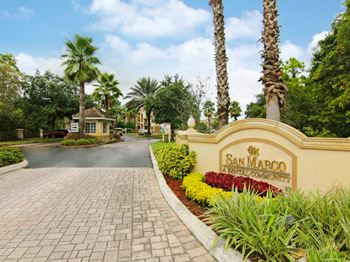 San Marco main entrance with signage at San Marco Apartments, Florida 32174