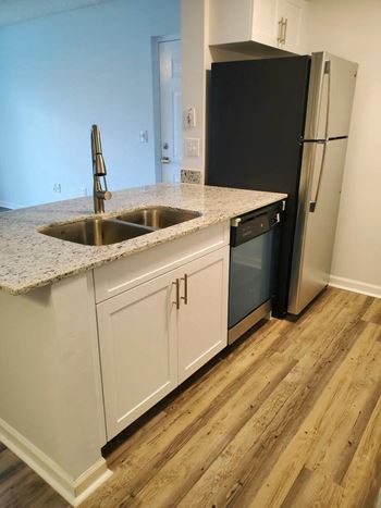 San Marco apartment home kitchen interior with stainless steel appliances and wood plank flooring