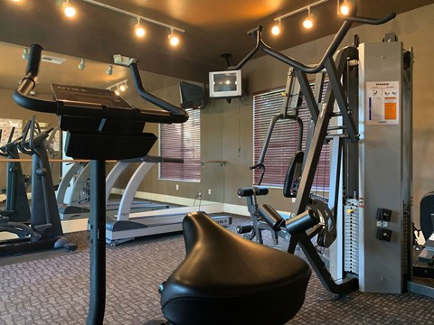 a gym with cardio equipment and a treadmill