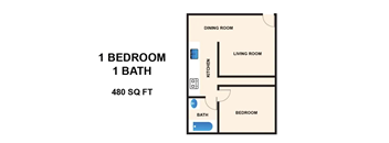 A floor plan of a one bedroom apartment with one bath and 480 square feet.