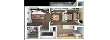 A diagram of a small apartment layout with a kitchen, living room, and bathroom.