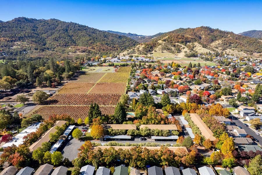 Ariel view of community and city skyline
