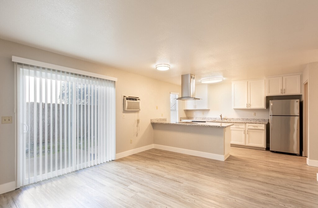 Living room and kitchen area near patio