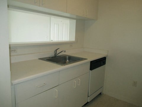 an empty kitchen with a sink and white cabinets