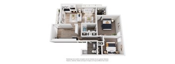 A floor plan of a small apartment with a kitchen, living room, and bedroom.