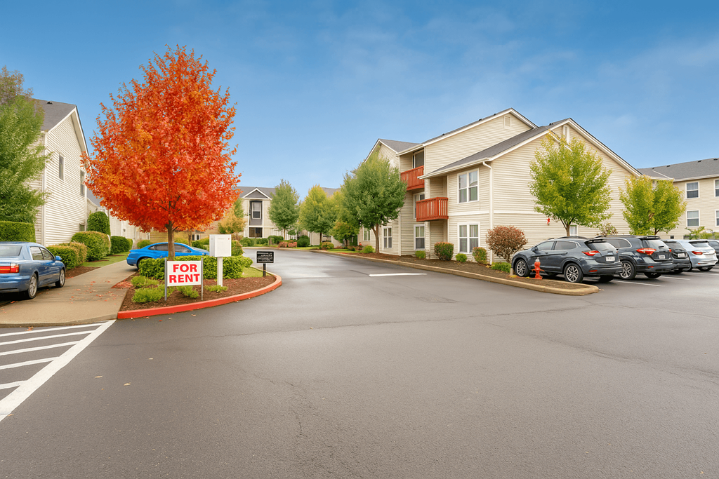 A tree with red leaves is in front of a building  at THE VILLAGE Apartments, KEIZER, Oregon