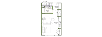 A floor plan of a house with a living room, kitchen, bathroom, and entry.