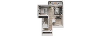 A top-down view of a small apartment layout with a kitchen, living room, and bathroom.