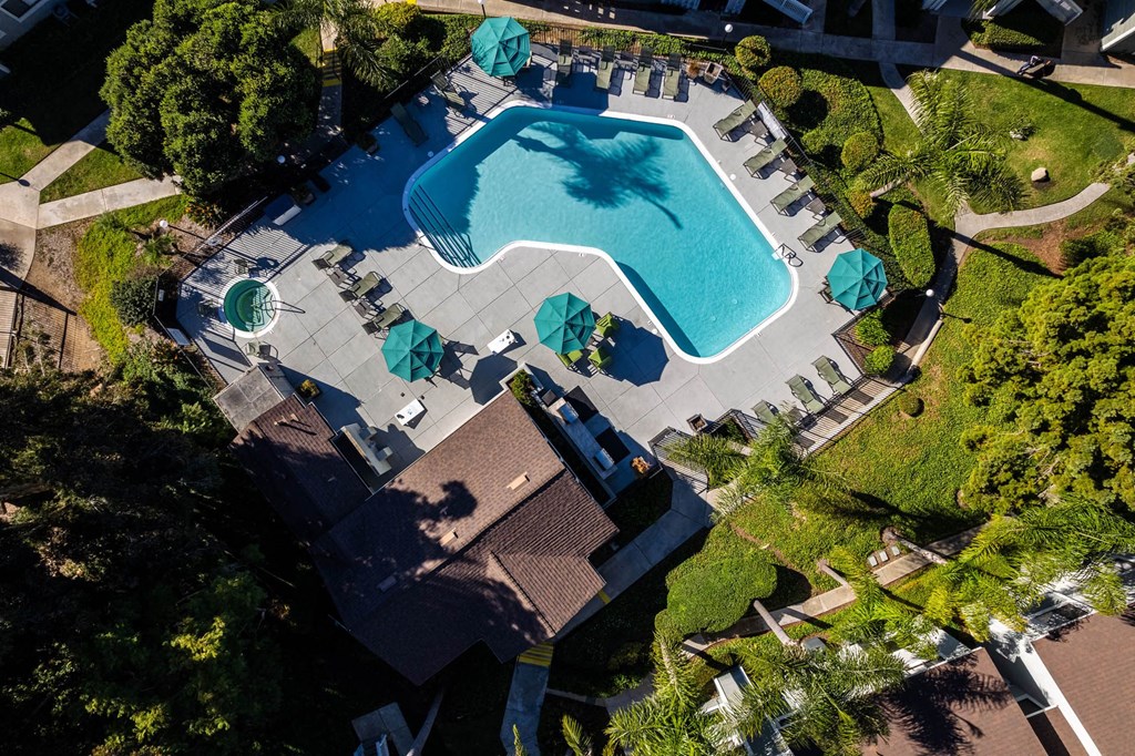 arial view of the pool at the resort at longboat key club at SYCAMORE GREENS APARTMENT HOMES, Vista, California