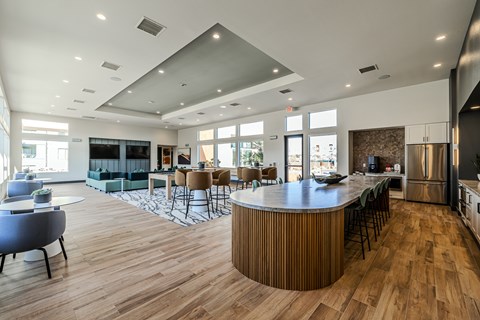 a clubhouse with a bar and a living room with couches