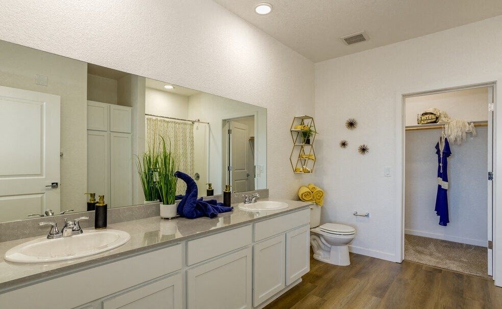 a bathroom with two sinks and a toilet and a mirror