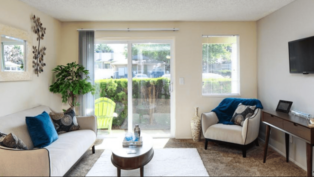 Terra Heights in Tacoma living room with furnishings and balcony