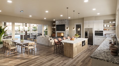a rendering of an open floor plan with a kitchen dining and living room area