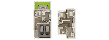 a floor plan of two story home with a garage and a patio