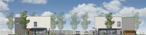a rendering of a building with trees in front of it