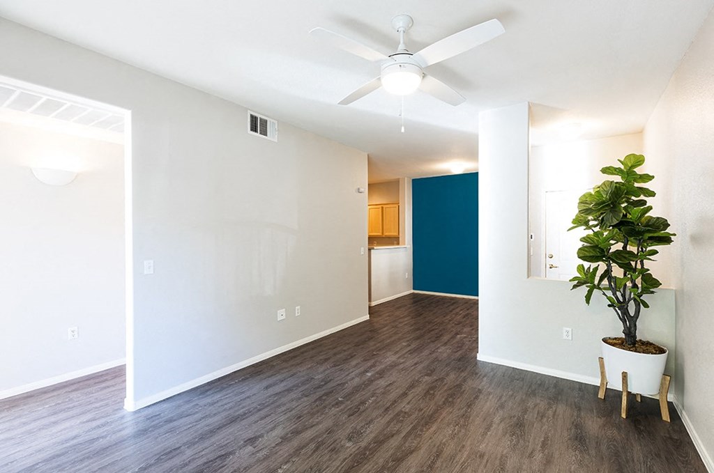 Living room with view to accent wall