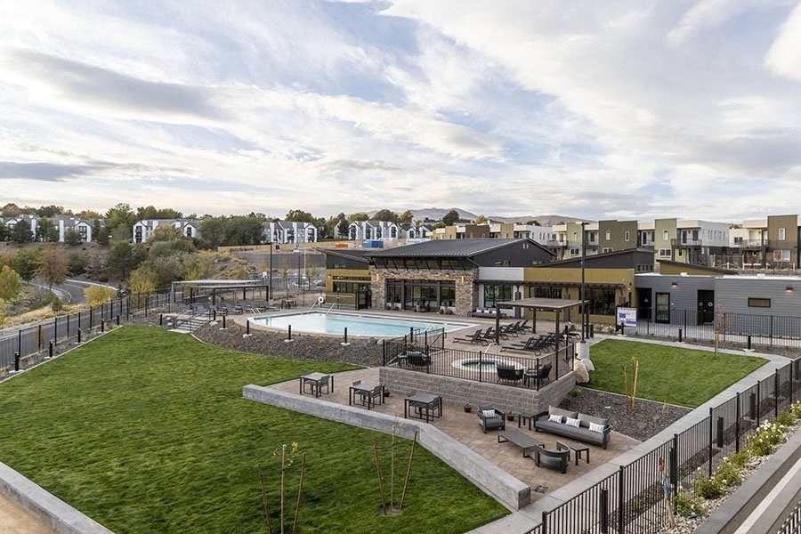 View of pool and buildings