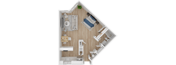 A top-down view of a small apartment with a kitchen, living room, and bedroom.