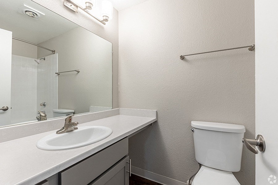 a bathroom with a sink toilet and mirror