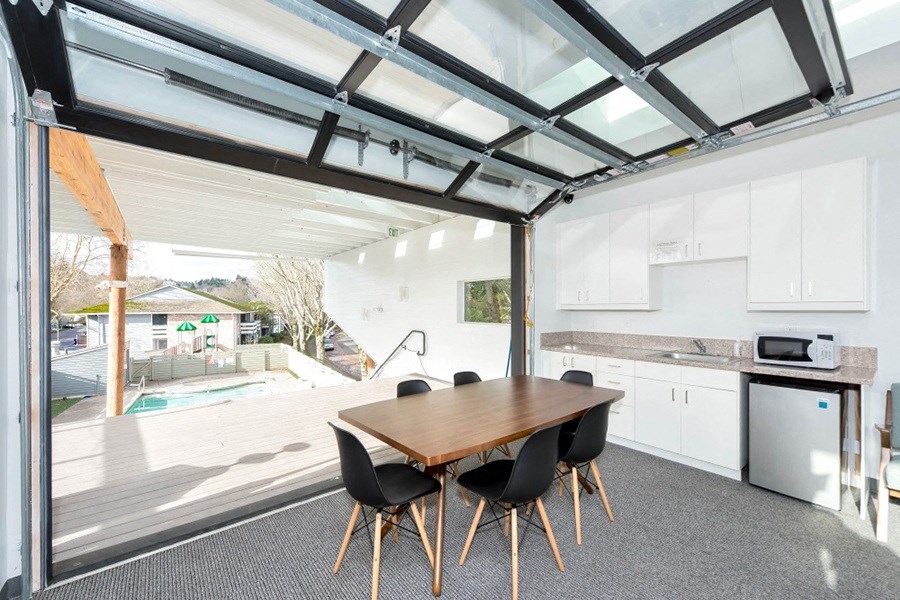 seating area overlooking pool