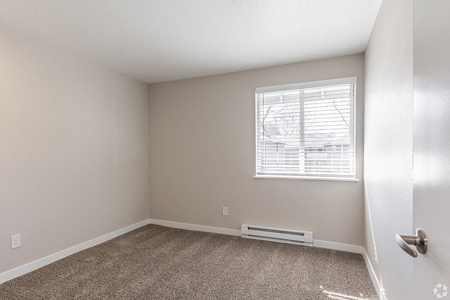 a bedroom with a window and carpet