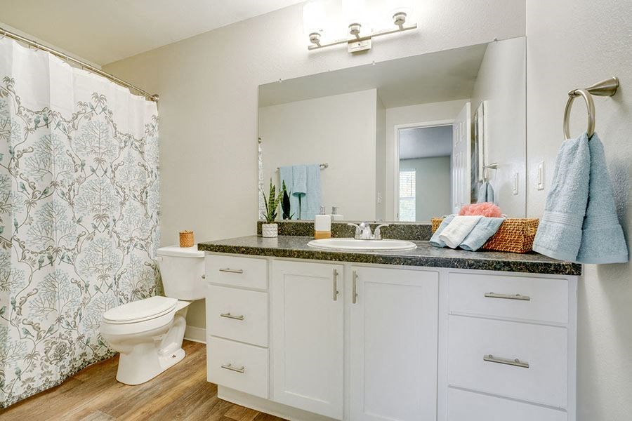 Bathroom vanity and shower at TOWNSHIP Apartments, CANBY, OR 97013