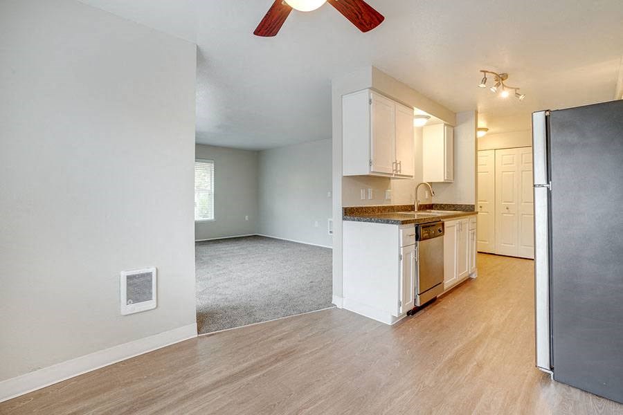 kitchen  near living room at TOWNSHIP Apartments, Oregon 97013