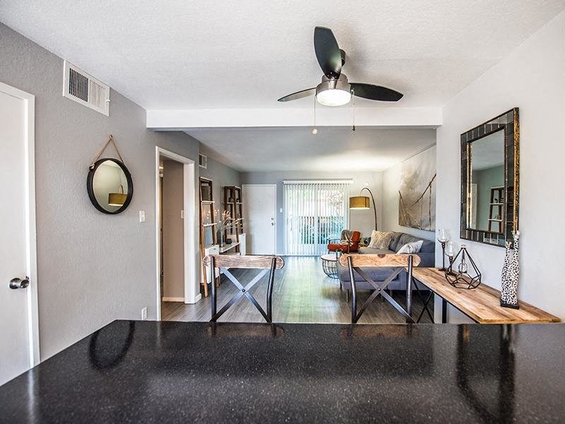 The Eleven Hundred living area with ceiling fan