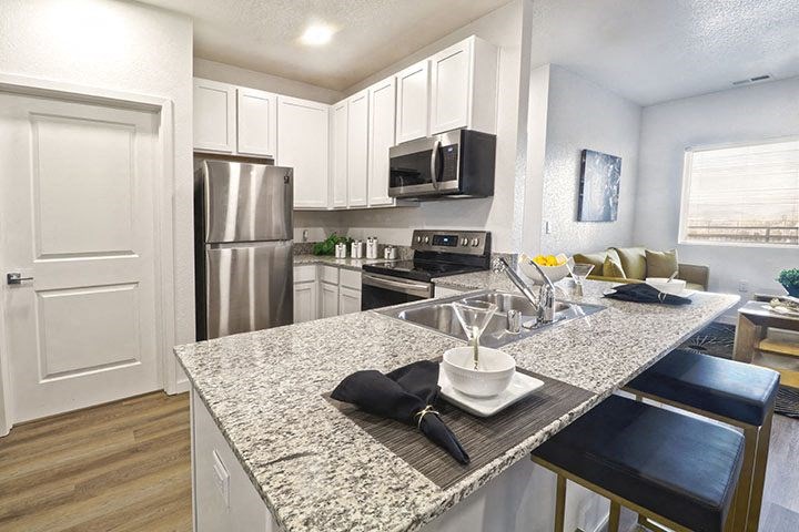 1-BR Apartments in Sparks, NV - The Deco - Kitchen with Granite Countertops, White Cabinets, Stainless Steel Appliances, and Wood-Style Flooring