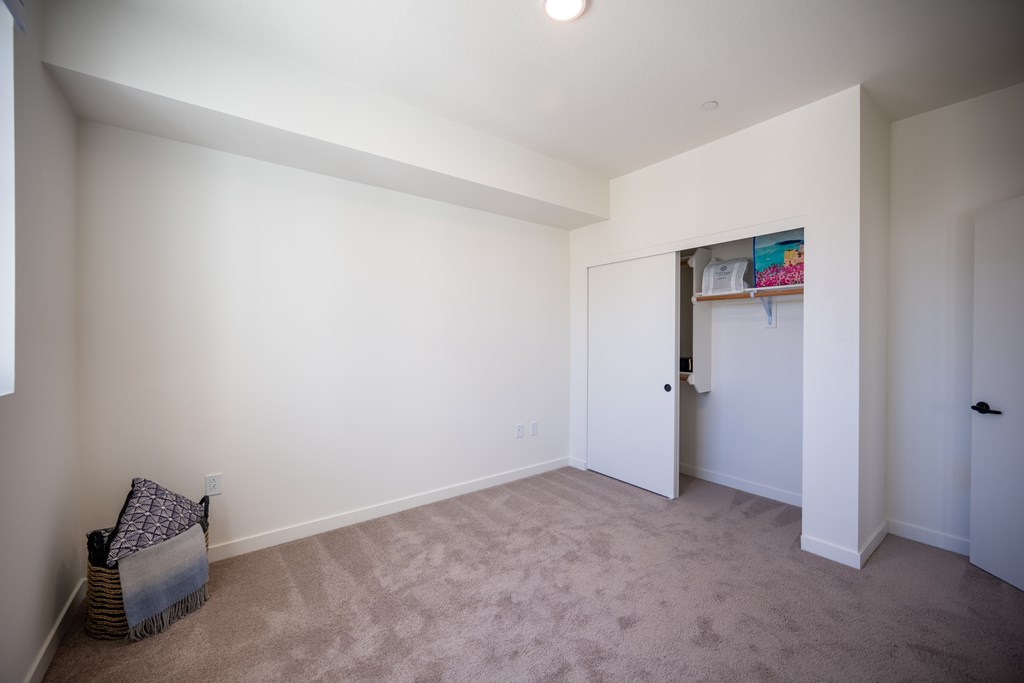 a living room with white walls and carpet and a closet at Vintage at Anacapa Canyon, Camarillo, California