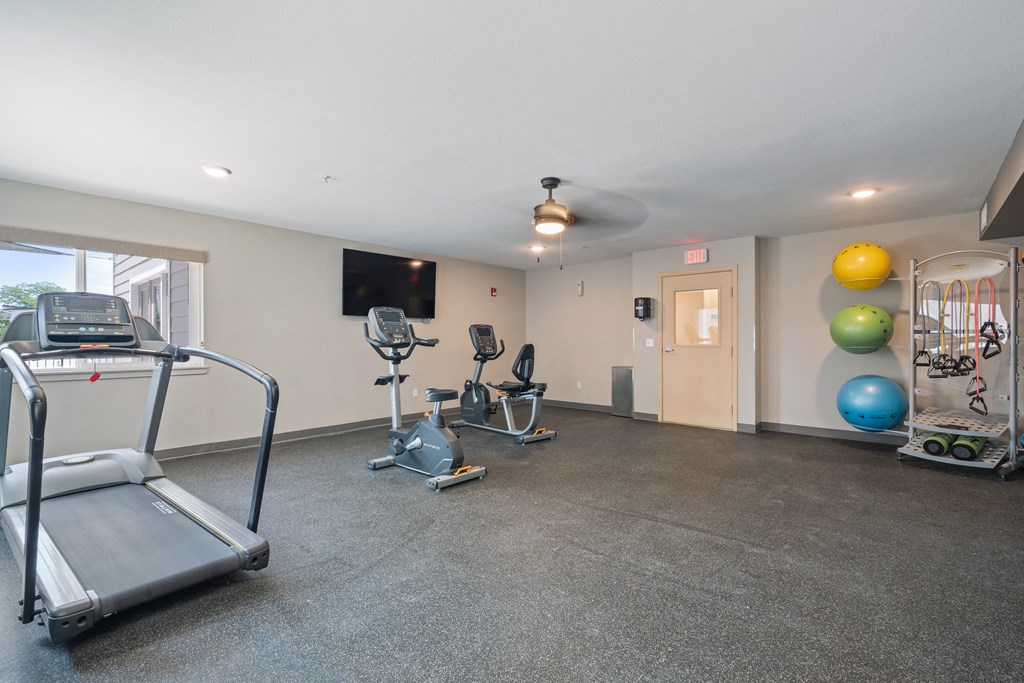 Gym with Tradmill, Stationary Bike Machines, Mats, Equipment, Large Window, Ceiling Fan, and TV. Gym with Tradmill, Stationary Bike Machines, Mats, Equipment, Large Window, Ceiling Fan, and TV at VINTAGE AT CITI VISTA, Nevada