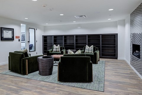 a living room with couches and chairs and a fireplace