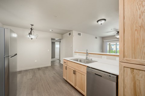 A kitchen with a dishwasher and a refrigerator.