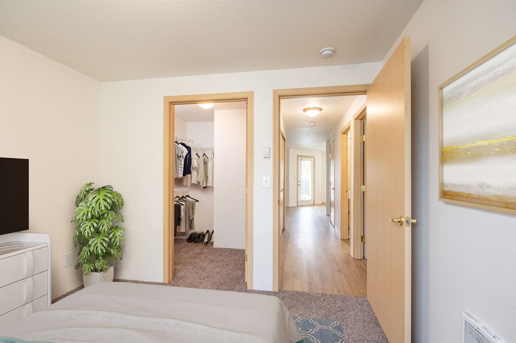 Bedroom And Hallway at Vancouver Mall Apartments, Vancouver, WA