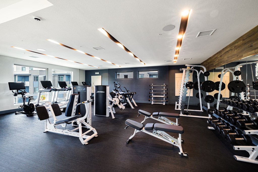 a gym with weights and other exercise equipment at BASE APARTMENT HOMES, LAS VEGAS, NV